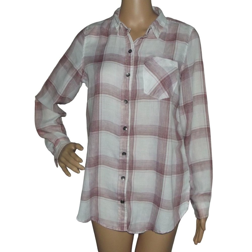 Hippie Laundry Size Small Button Down Plaid Shirt pocket purple raspberry white